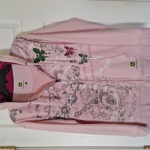 Large John Deere Light Pink Hoodie with Green and Burgundy Butterfly Accents